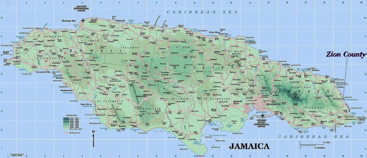 fizikai térkép jamaica mutatja hegyek